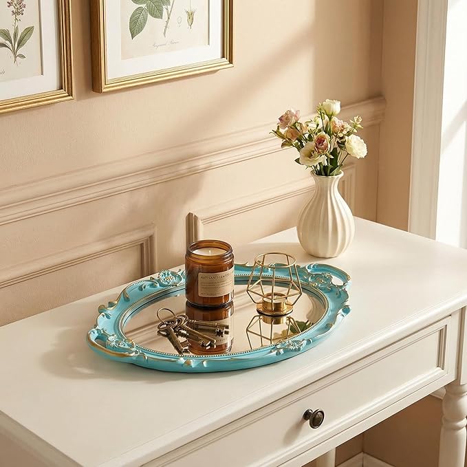 Schones Geschaft Decorative Mirror Tray, Makeup Jewelry Perfume Organizer，Vintage Oval Display and Serving Tray for Bedroom Living-Room Dresser Decor (14.4”x 9.8”) (Blue - Oval)