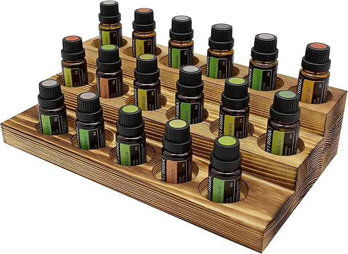 Wooden Essential Oil Storage Organizer, 3-Tier Display Stand, Firewood Color, 17 Bottle Holder for 5-20ml Oils, Set of 2