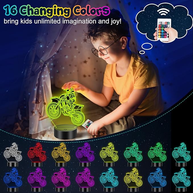 Linkax Bike Gifts Stocking Stuffers for Teens Boys Girls, 3D Illusion Lamp Night Light Room Decor 16 Colors Change, Birthday Gifts for 6 7 8 9 10 11 12 Year Old Boy