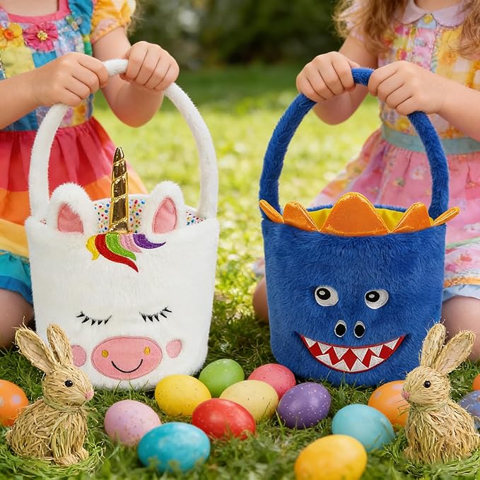 DearSun 2 Pcs Easter Basket Dinosaur & Unicorn Plush Baskets, Easter Egg Hunting Basket for Kids Gifts Party Decoration Supplies, Dia 8" * H 15.7"