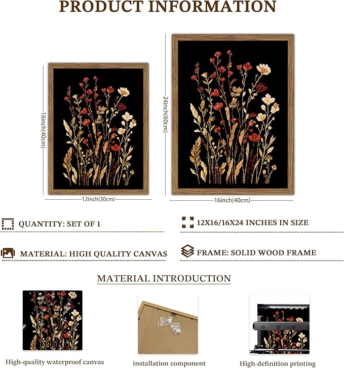 Framed Bathroom Wall Art, Dark Botanical Floral Canvas Wall Decor, Rustic Flower Prints Paintings, Vintage Wildflower Artwork Picture for Bathroom Bedroom Living Room 16x24 Inch