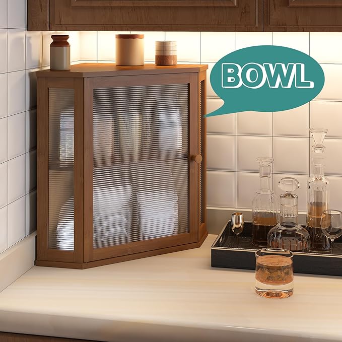 viewcare Corner Bread Box for Kitchen Counter, Bamboo Wood Large Capacity Bread Storage Bin with Acrylic Wavy Door Panel (Brown, Extra Large)