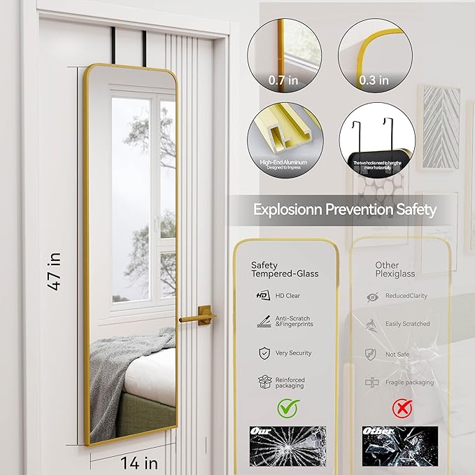 SCWF-GZ 47x14 Mirror Full Length Door Hanging Wall Mounted Aluminum Alloy Metal Frame Dressing Make-up Save Space Half Body Mirrors for Entryway Bedroom Bathroom Living Room 47 inch Gold