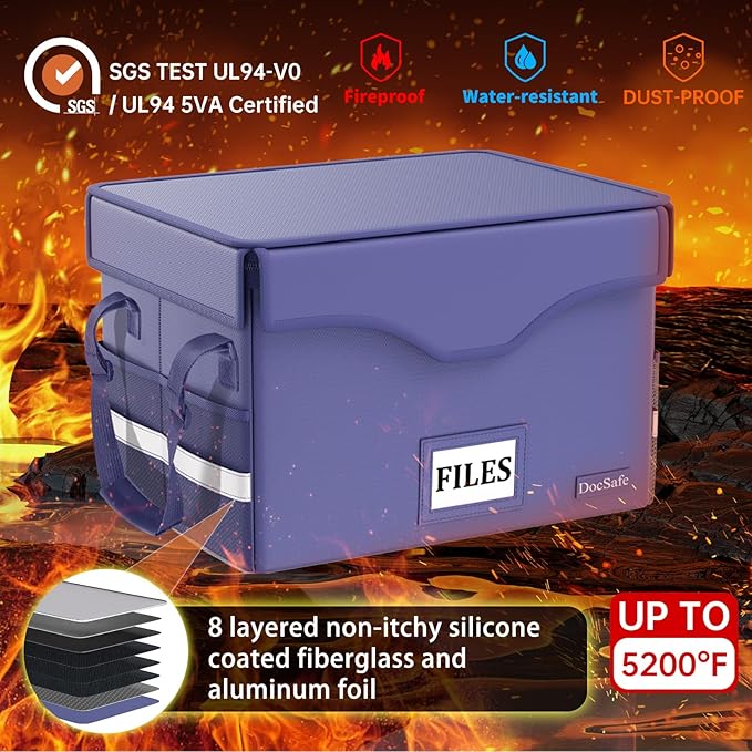 DocSafe 5200°F Fireproof Document Box with Lock,Heat Insulated File Organizer Storage with Pockets,Collapsible Portable Home Office File Safe Box with Handle for Hanging Letter/Legal Folders, Blue