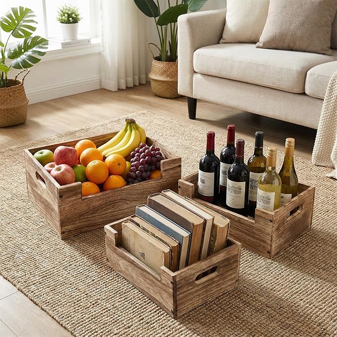 Set of 3 Wood Storage Nesting Crates for Display, Decorative Farmhouse Wooden Boxes with Handles Rustic Wood Basket Container for Organization Decor