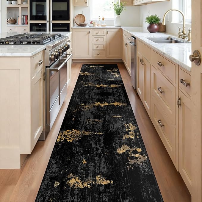 RELEANY Washable Area Rugs 2'x8' Non-Slip Modern Abstract Soft for Living Room Entryway Bedroom Nursery, Print Pattern, Dark Black Gold