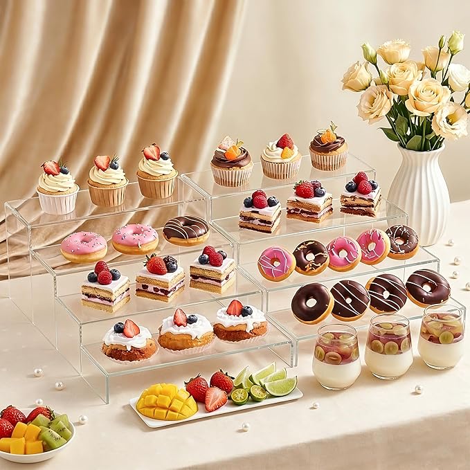 Acrylic Display Risers 8 Pcs - Clear Acrylic Shelves & Display Stand, Rectangular Risers for Cupcake, Retail & Desktop, 4 Sizes (7", 8", 9")