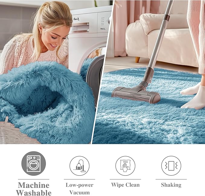 OLANLY Slate Blue Round Rugs for Bedroom - Machine Washable, 2 ft Circle Area Rugs for Living Room, Soft and Fluffy Shaggy Carpet for Teen Girl and Boys, Nursery Rooms, Dorms, Home Decor Aesthetic