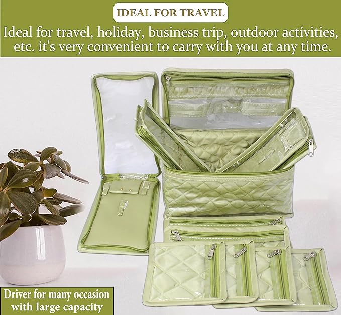 atorakushon Satin Transparent Makeup Pouches Case Cosmetic Necklace Earrings Jewellery Box Travel Organizer For Women Olive Green Set of 10