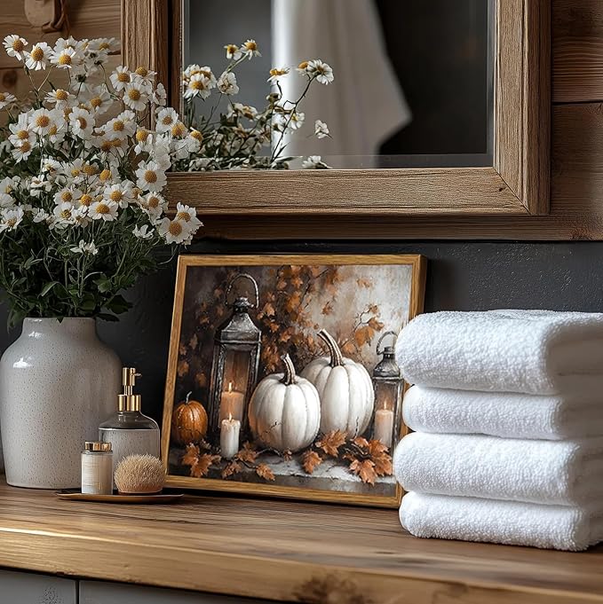 Framed Vintage Fall Pumpkin Canvas Wall Art, Rustic Farmhouse Autumn Paintings Wall Decor, Thanksgiving Pumpkins Pictures Prints Aesthetic Home Decor for Living Room Kitchen Office 16×24 inch