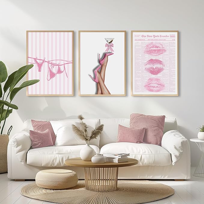 Pink Coquette Wall Art Decor Trendy Aesthetic Posters Preppy Funky Y2k Canvas Wall Art Decor Bow Girly Room Pictures Coquette Bikini Lips Prints Pink Artwork for Dorm Bedroom 16x24x3 Inch Unframed