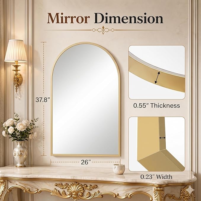 26"x38" Arched Gold Bathroom Mirror – Metal Framed with HD Shatter-Proof Glass, Wall-Mounted for Over Sink, Entryway, Living Room, Bedroom