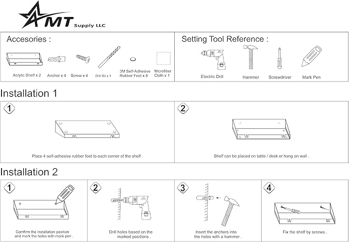 AMT 2 Pack Acrylic Floating Shelves, 15"L x 4.8"W, Clear Bathroom Wall Shelves, Bookshelves, Invisible Shelf For Office, Bedroom, Kitchen, Design with Hanging Slots for Sponge, Free Screws & Drill Bit