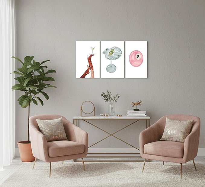 3Pcs Funky Martini Canvas Prints Wall Art,Trendy Preppy Pink Number 8-Ball Pictures Posters,Y2k Girl's Room Wall Decor for girl rooms,dorm rooms, and apartments. 12x16in Framed