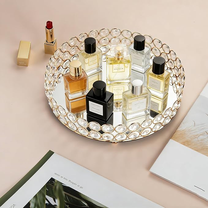 Feyarl Crystal Perfume Tray Makeup Cosmetic Vanity Organizer Jewelry Trinket Display Storage Mirrored Decorative Tray Skin Care Tray for Dresser Home Deco Birthday Gift(Round 10" inch) (Gold)