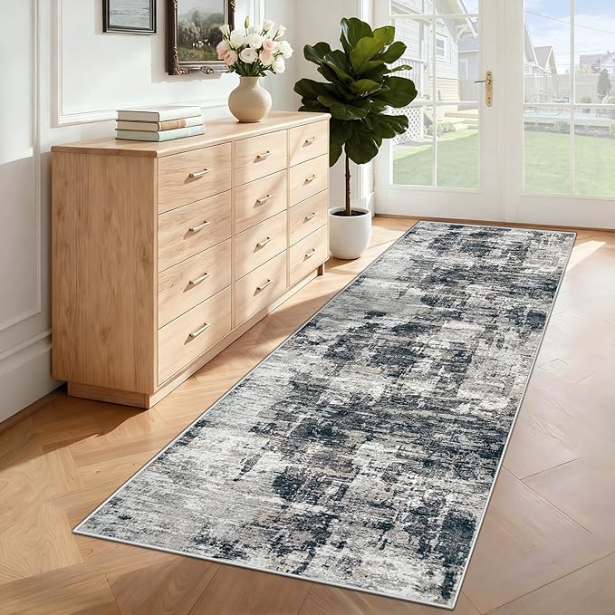 XLUEZ 2x7 Runner Rug for Hallway, Washable Modern Abstract Runner Rugs Neutral Soft Non Slip Kids Rug Stain Resistant Indoor Runners for Entryway Bedroom Kitchen Laundry Room(BlackGrey, 2'x7')