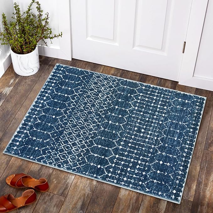 Lahome Moroccan Indoor Rugs for Entryway 2x3 Area Rug Non-Slip Backing Washable Inside Door Mats Low-Profile Throw Soft Rugs for Bathroom, Geometric Print Distressed Blue Rug for Kitchen Bedside Hana
