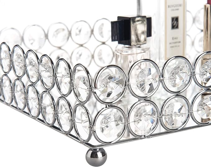 Feyarl Crystal Vanity Makeup Perfume Tray Ornate Jewelry Trinket Organizer Cosmetic Decorative Tray Skin Care Storage for Home Dressing Table Wedding Decoration(Rectangle 12" x 8")