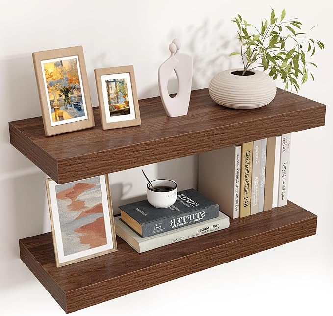 Venusmiles Floating Shelves for Wall, Engineered Wood Wall Shelves with Invisible Brackets for Living Room Bedroom Bathroom Office Kitchen Decor and Storage (Walnut, 24" W x 9" D x 1.5" H) Set of 2