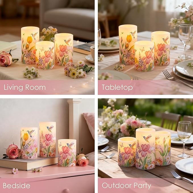 LUSHARBOR Flameless Candles with Remote, Battery Operated Candles Real Wax Hummingbird Flickering LED Candles Floral Christmas Decor Electric Pillar Candles Set of 3