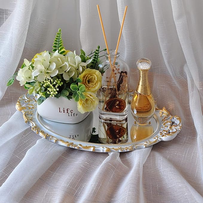 Oval Decorative Mirror Tray, French Style Flower Frame, Makeup Organizer, Jewelry Organizer, Serving Tray, 9.8"x 14.6", Golden White
