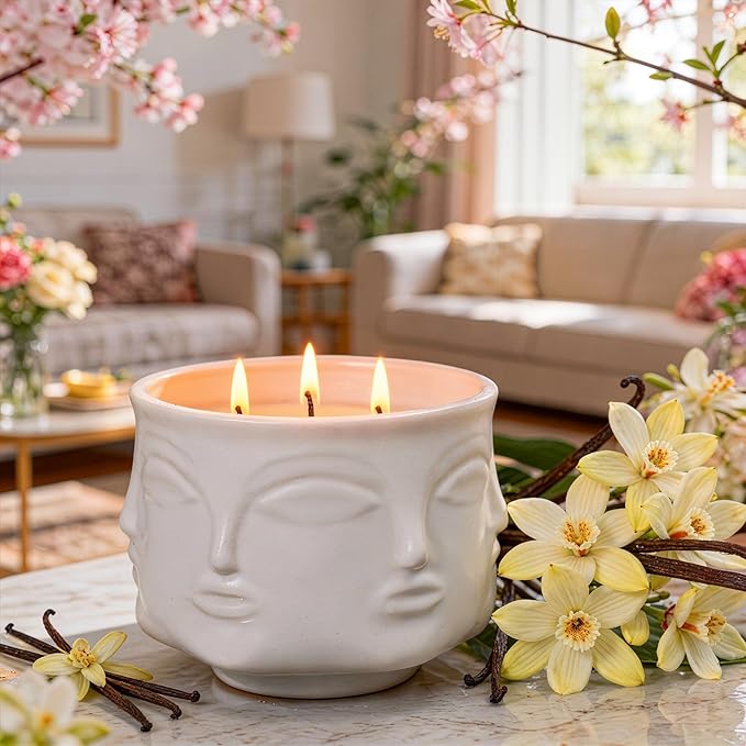 Viyffo 20oz Large 3 Wick Decorative White Ceramic Jar Scented Candle – Vanilla Dreamscape & Fresh Spice, Non Toxic Soy Candle, Luxury Home Fragrance for Women, Elegant Spring Décor & Unique Gift
