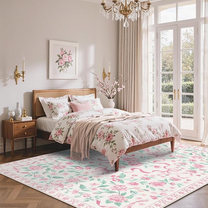 GENIMO 6X9 Washable Vintage Area Rugs for Living Room, Non-Slip Low Pile Chenille Print Rug, Soft Rugs for Bedroom Dining Room Home Office, Pastel Pink