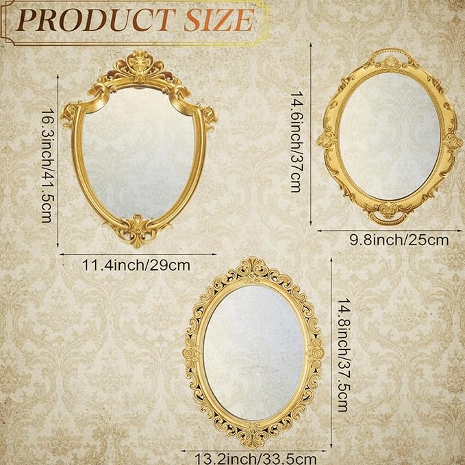 Beeveer 3 Style Vintage Mirrors Set Decorative Oval Wall Mirror Small Antique Mirrored Tray Decorative Hanging Mirror for Bathroom Bedroom Jewelry Organizer Victorian Decor (Shield,Gold)