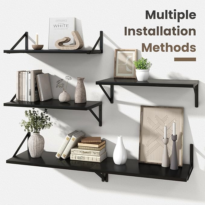 Marsmiles 12 Inch Deep Floating Shelves | 24 Inch Black Wall Shelves Set of 2 | Rustic Wood Wood Floating Shelves for Living Room Bedroom Bathroom