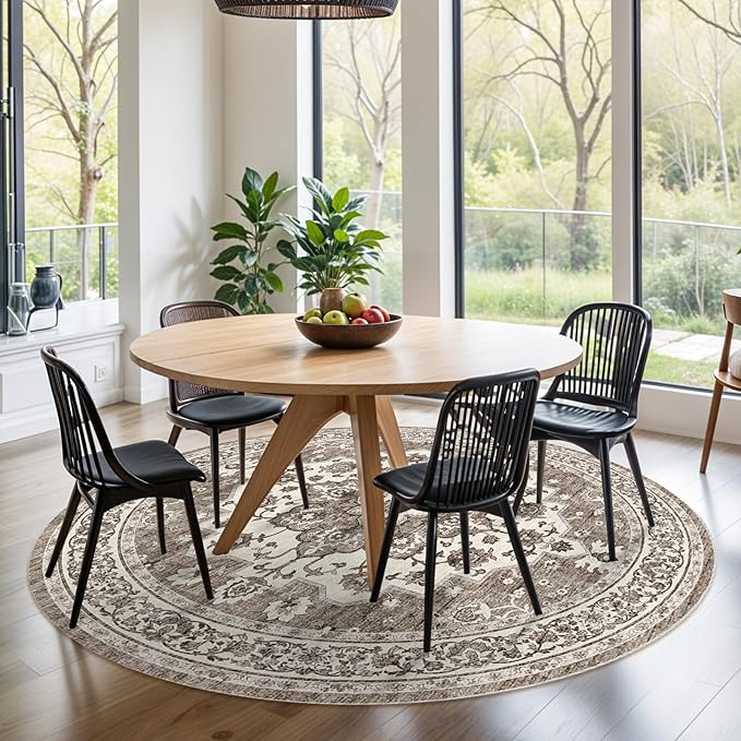 TOPRUUG Washable Oriental Area Rug - 8ft Round Rugs for Living Room Soft Carpet for Bedroom Waterproof Floral Distressed Indoor Stain Resistant Non-Shedding Floor Carpets (Beige, 8ft-Round)