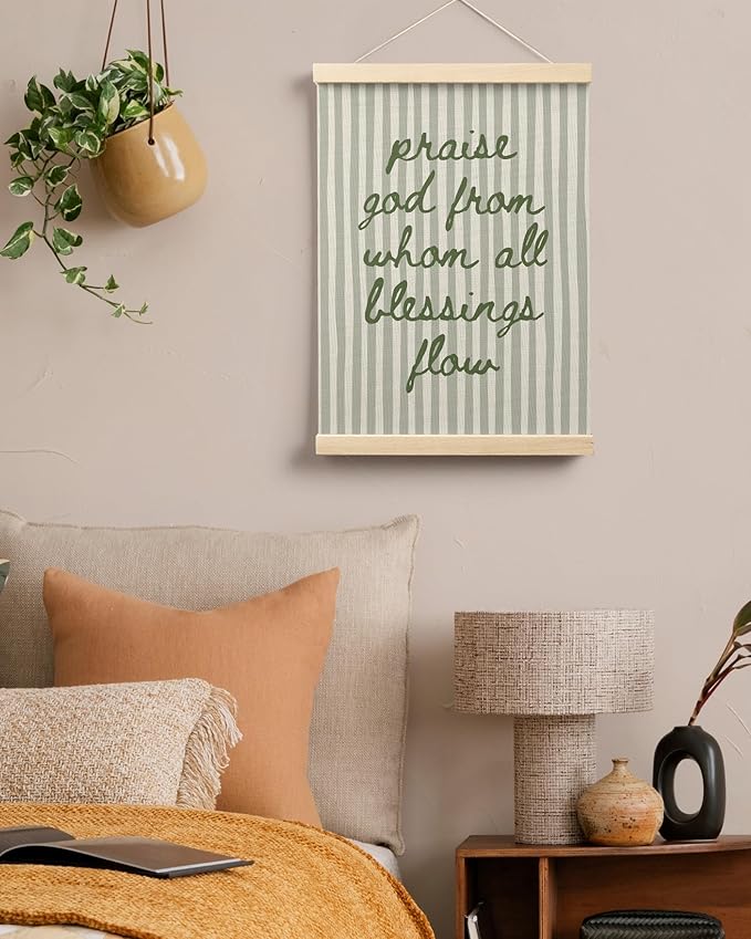 FGFK Sage Green Christian Wall Art Poster Hanger Frame, Trendy Striped Praise God From Whom All Blessing Flow Bible Verse Scripture Canvas Prints Framed Wall Decor for Room Home Dorm, 12x16 Inch