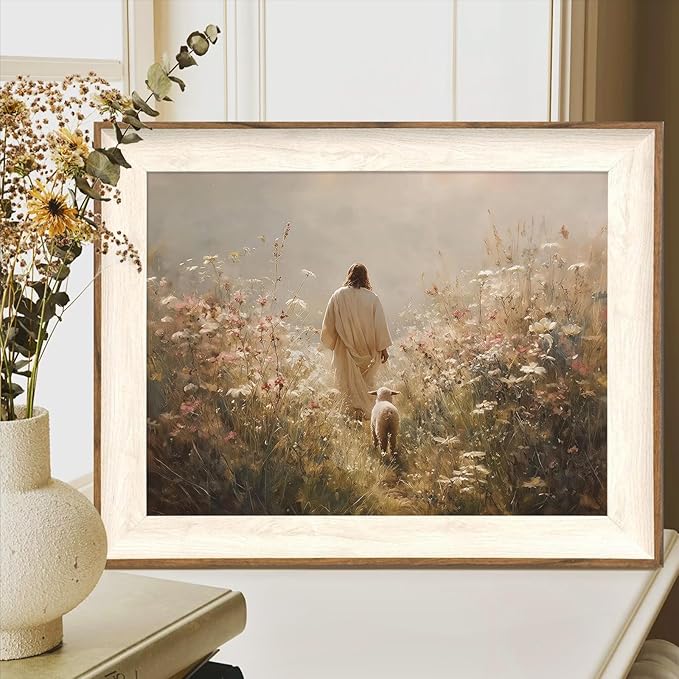 ASTRDECOR Jesus Leaves the 99 Sheep Canvas Wall Art Christian Bible Story Decor, Lost Sheep Painting with Wildflowers for Bedroom, Prayer Room, Church & Home Decoration, 12x16Inch