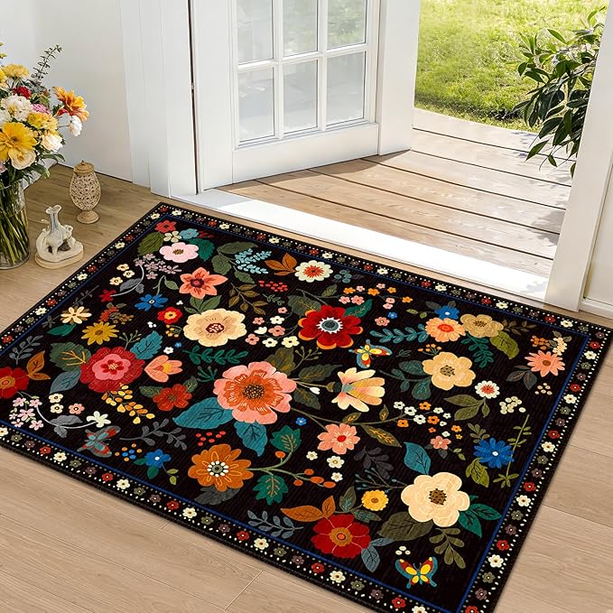 RELEANY Floral Nursery 2x3 Area Rugs Washable Print Boho Cute Carpet Non Slip Flower Low Pile for Living Room Kids Girls Playroom Bedroom Kitchen Office Farmhouse-Black