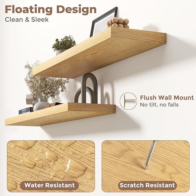 36 Inch Floating Shelves for Wall with Invisible Brackets Set of 2, 8"D Engineered Wood Wall Shelves with Wood Grain for Living Room, Bedroom, Bathroom, Kitchen Decor and Storage, Oak Finish