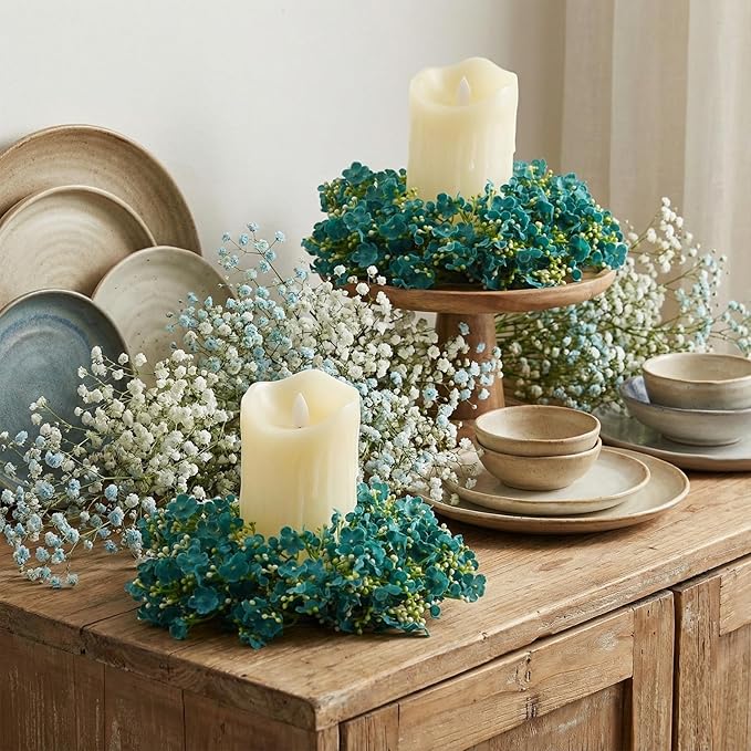 Daifunli 2 Pcs Baby's Breath Candle Rings Artificial Peacock Blue Floral Wreaths for Pillar 3.9 Inch Candles Holder for Spring Summer Home Office Wedding Rustic Table Centerpiece Decor