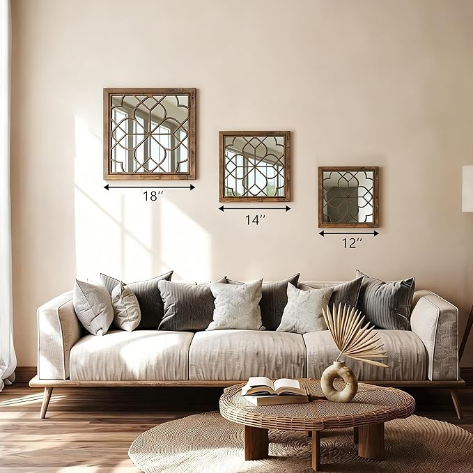 Set of 2 18 Inch Large Square Redbrown Window Pane Wall Mirrors, Shatterproof Rustic Farmhouse Boho Vintage Accent Mirrors for Living Room, Bedroom, Bathroom, Entryway & Home Decor