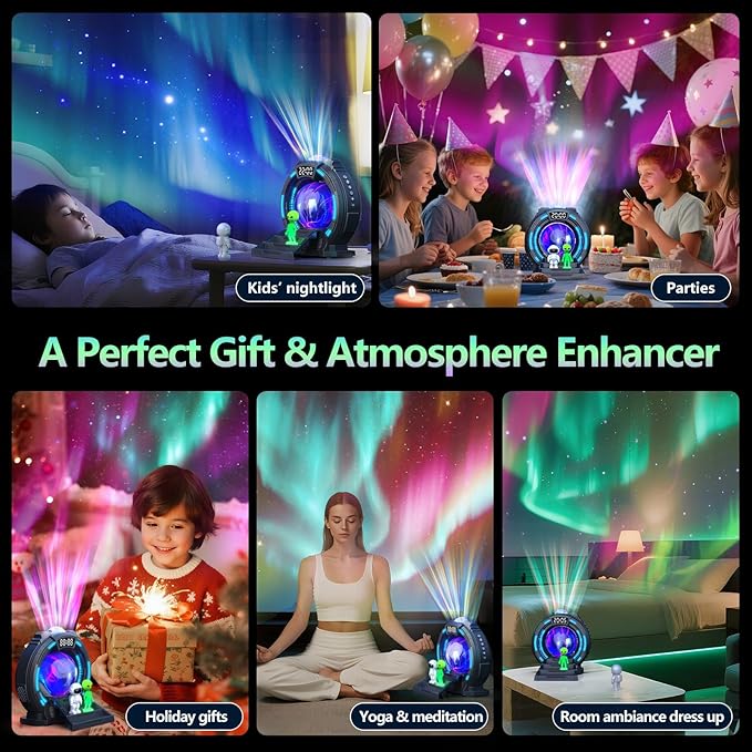 Galaxy Projector with Plasma Ball, 8 Aurora Lights, White Noise Machine, Bluetooth Speaker, Timer Alarm Clock, Remote Controlled Night Light for Bedroom, Kids/Adults, Party