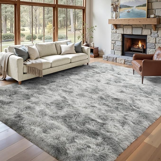 8x10 ft Rug for Living Room Fluffy Grey White Shag Rug Non-Slip Area Rugs Carpet for Bedroom Nursery Kids PlayRoom Dorm Office Indoor Modern Plush Carpets