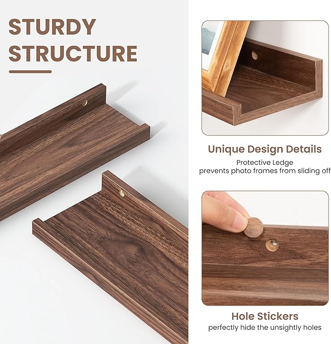 Fun Memories Picture Ledge Shelf, Floating Shelves Set of 4, 24 Inch Picture Shelves for Wall with Ledge, Large Nursery Book Shelf for Toys Storage, Living Room, Bedroom Decor Frames, Walnut