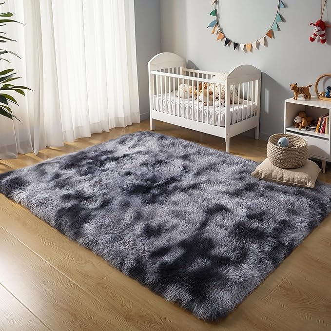 KICHOWUA Thick Area Rug 5x7 Dark Grey Fluffy Shag for Bedroom, Extra Soft Plush Fuzzy Washable Thickened Non-Slip Carpet, Modern Furry Shaggy Rug for Living Room Kids Nursery Dorm Room, Tie-Dye Gray