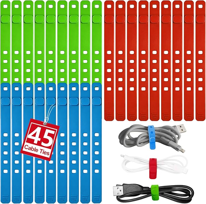 AROIC Reusable Silicone Cable Ties, 45Pcs Adjustable Travel Cord Organizer, Washable Cable Management with Adjustable Locking Buckle, Multicolor Elastic Cord Holder Organization Home Office Essentials