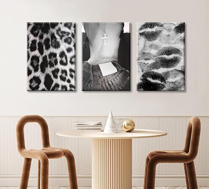 DULASI Set of 3 Fashion Chic Wall Art Kiss Lips Poster Leopard Picture Wall Decor Trendy Y2k Print Black and White Aesthetic Girly Room Decor for Bedroom Living Room Dorm Home Decoration 16"x24"