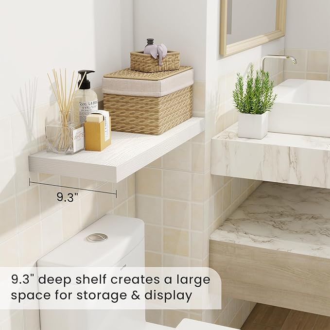 Fun Memories 24 Inch Floating Shelves, 9.3 Inch Deep Rustic Wall Shelves - Extra Deeper Wall Mounted Storage Shelves for Bathroom, Kitchen, Living Room (White, Set of 2)