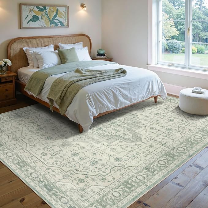 Rugxara 5X7 Washable Area Rug for Living Room, Vintage Large Boho Rugs for Office, Dining Room, Kids Room, Farmhouse, Durable Low Pile Non Slip Carpet for High Traffic Areas, Sage Green