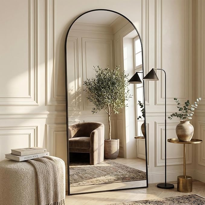 Suidia 76"x34" Arched Full Length Mirror with Stand, Full Body Mirror with Aluminum Frame, Freestanding/Leaning/Wall-Mounted, Floor Mirrors for Bedroom, Living Room, Entryway, Dressing Room, Black