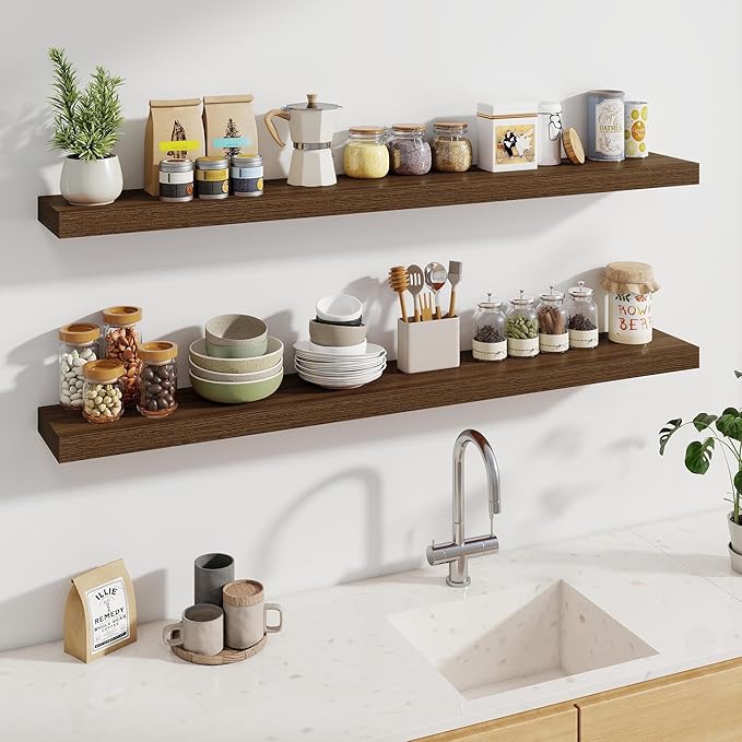 Fun Memories 60 Inch Fireplace Mantel - Long Floating Shelf, Wall Mounted Farmhouse Display with Invisible Heavy Duty Metal Bracket, Walnut, 2 Pack