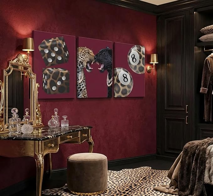 3Pcs Trendy Leopard Canvas Wall Art Funky Lucky 8 Ball Pictures Wall Decor Eclectic Cheetah Preppy Aesthetic Posters Prints Paintings for Bedroom Dorm Living Bathroom Decoration Prepare To Hang