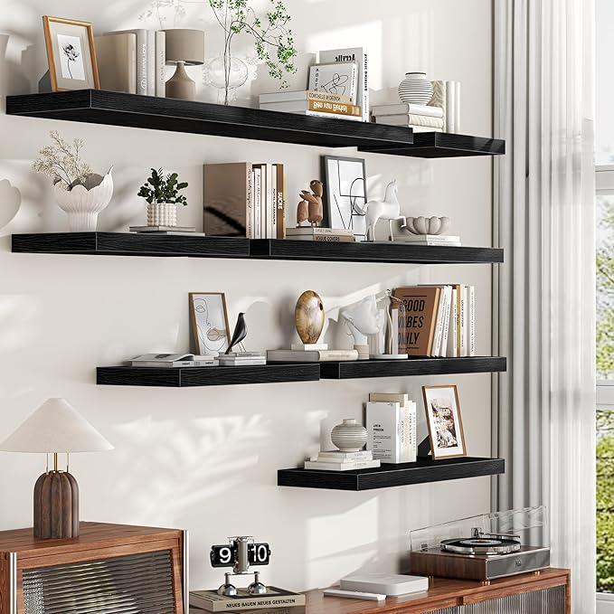 Floating Shelves Set of 2, 12 Inch Deep Floating Shelves with Heavy Duty Brackets, 20'' Rustic Black Wood Wall Mounted Shelf for Bathroom, Bedroom, Living Room & Kitchen, Modern Home Decor Storage