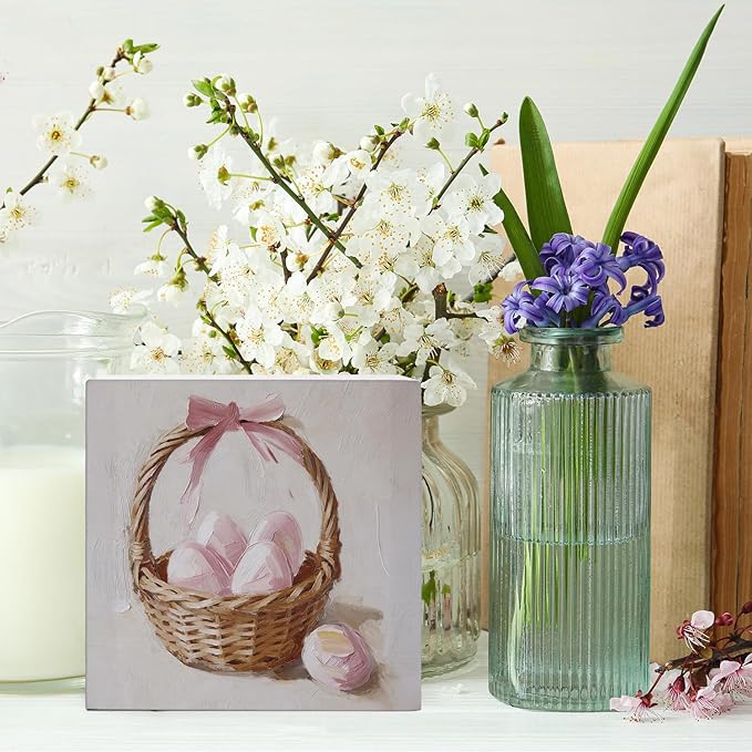Pink Bow Easter Egg Wood Box Sign Desk Decor, Pink Easter Theme Wooden Block Box Sign Decoration for Home Office Shelf Table Decor 5x5