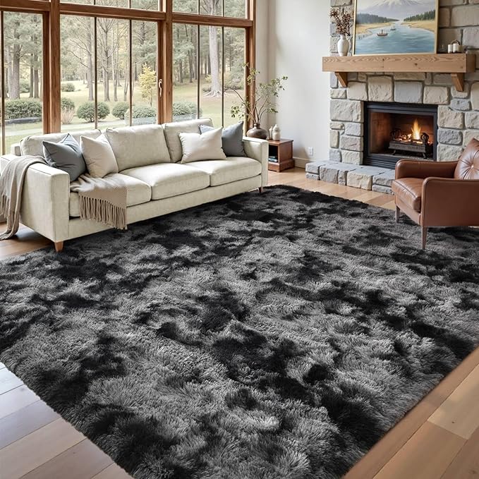 Area Rugs for Living Room 9x12 Black Grey Fluffy Rug,Super Fuzzy Fur Bedroom Carpet for Boys Dorm Office Nursery Modern Home Decor